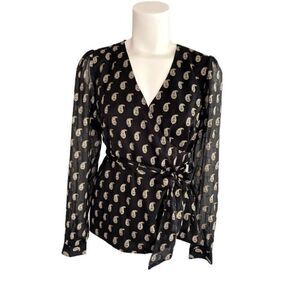 INC‎ Surplice Blouse Top S Black Gold Paisley Tie
